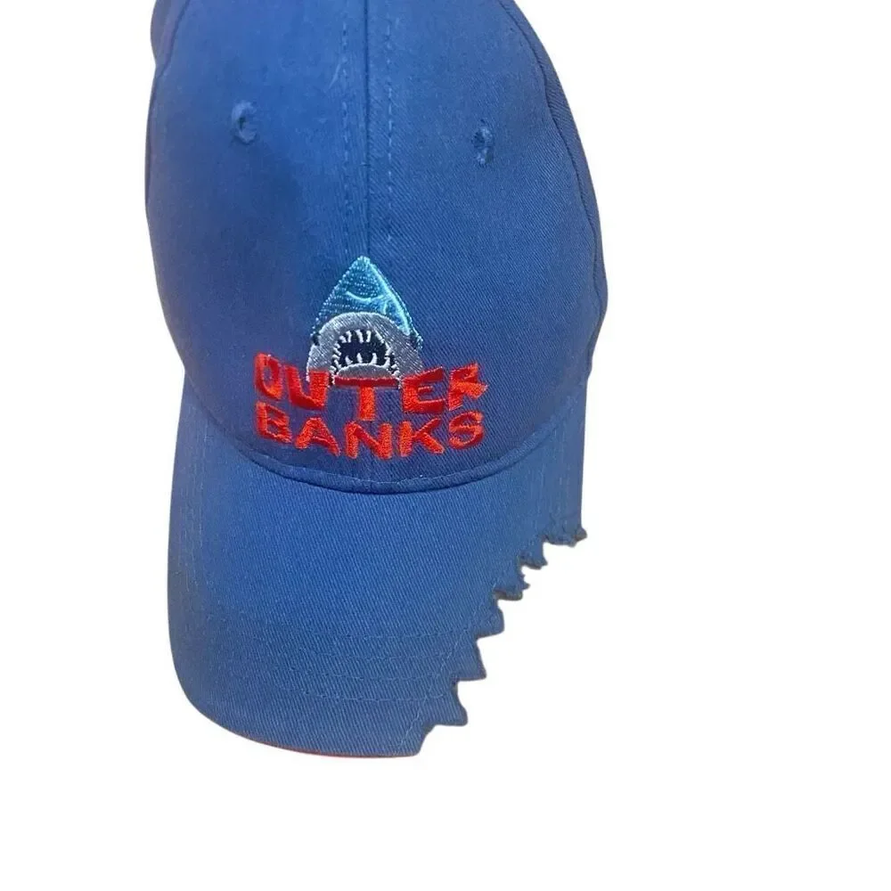 Outer Banks hat, blue, red, shark, jagged bit edge, baseball hat